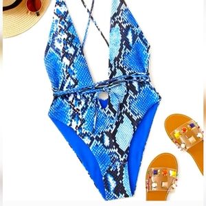 Elegant Blue Snakeskin One-Piece Swimsuit